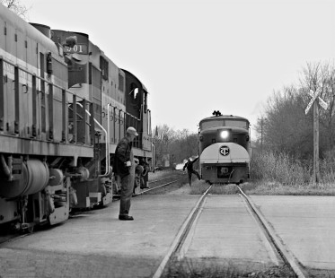Eastbound Tennessee Central Railway freight train (right) meets counterpart at Cookeville, Tennessee, in April 1963. Photograph by J. Parker Lamb, © 2016, Center for Railroad Photography and Art. Lamb-02-025-05