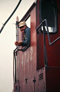Canadian Pacific Railway engineman in the cab of locomotive 4732 at the engine house in Windsor, Ontario, on April 20, 1973. Photograph by John F. Bjorklund, © 2015, Center for Railroad Photography and Art. Bjorklund-36-14-23