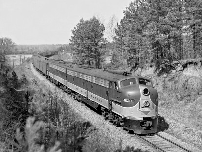 Chicago-Jacksonville Illinois Central Railroad <i>Seminole</i> passenger train used IC power on alternate days. Southward train approaching Opelika, Alabama, in May 1955 (units turned back at Columbus, Georgia). Photograph by J. Parker Lamb, © 2016, Center for Railroad Photography and Art. Lamb-02-015-06