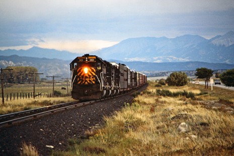 Westbound Denver and Rio Grande Western Railroad freight train in Buena Vista, Colorado, on September 21, 1986. Photograph by John F. Bjorklund, © 2015, Center for Railroad Photography and Art. Bjorklund-48-20-03