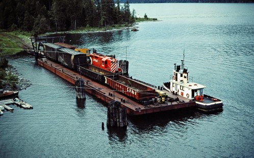 Canadian Pacific Railway local freight train on barge in Slocan Lake at Rosebery, British Columbia, on July 14, 1983. Photograph by John F. Bjorklund, © 2015, Center for Railroad Photography and Art. Bjorklund-38-08-22