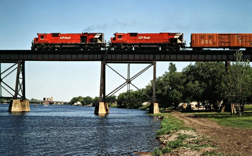 Eastbound Canadian Pacific Railway freight train crossing the Trent River in Trenton, Ontario, on May 25, 1980. Photograph by John F. Bjorklund, © 2015, Center for Railroad Photography and Art. Bjorklund-37-13-16