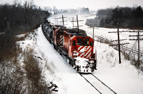Westbound Canadian Pacific Railway freight train near Lobo, Ontario, on January 31, 1987. Photograph by John F. Bjorklund, © 2015, Center for Railroad Photography and Art. Bjorklund-38-28-04