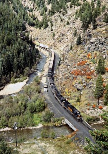 Eastbound Denver and Rio Grande Western Railroad freight train climbing Tennesse Pass at Red Cliff, Colorado, on September 22, 1986. Photograph by John F. Bjorklund, © 2015, Center for Railroad Photography and Art. Bjorklund-49-01-01
