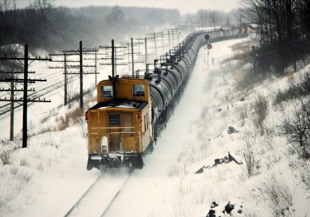 Westbound Canadian Pacific Railway freight train near Lobo, Ontario, on January 31, 1987. Photograph by John F. Bjorklund, © 2015, Center for Railroad Photography and Art. Bjorklund-38-28-02