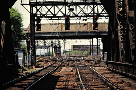 Conrail (ex-Erie Lackawanna) electrified commuter lines in Hoboken, New Jersey, on May 8, 1981. Photograph by John F. Bjorklund, © 2015, Center for Railroad Photography and Art. Bjorklund-57-15-19