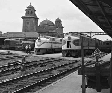 A lull in Seaboard Air Line Railroad activity beneath the classic towers of the terminal at Birmingham, Alabama, on a July afternoon in 1959. Photograph by J. Parker Lamb, © 2016, Center for Railroad Photography and Art. Lamb-02-021-06