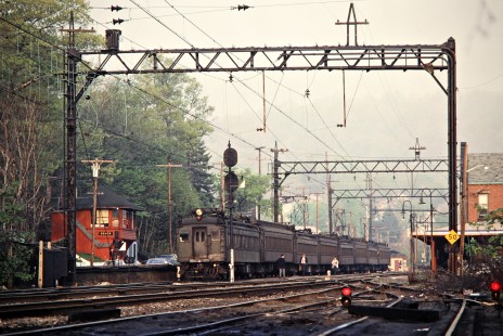 Eastbound Conrail (ex-Erie Lackawanna) commuter passenger train at station in Dover, New Jersey, on May 6, 1981. Photograph by John F. Bjorklund, © 2015, Center for Railroad Photography and Art. Bjorklund-57-02-06