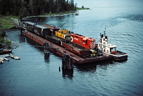 Canadian Pacific Railway local freight train on barge in Slocan Lake at Rosebery, British Columbia, on July 14, 1983. Photograph by John F. Bjorklund, © 2015, Center for Railroad Photography and Art. Bjorklund-38-07-01