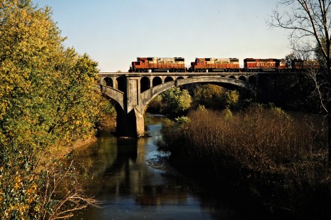 Northbound Illinois Central Gulf Railroad freight train crossing the Little Wabash River in Mason, Illinois, on October 31, 1986. Photograph by John F. Bjorklund, © 2016, Center for Railroad Photography and Art. Bjorklund-60-20-14