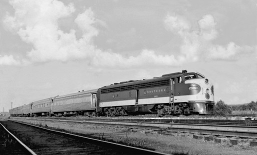 Southern Railway's <i>Southerner</i>, passenger train no. 47, departs Meridian, Mississippi, on last lap to New Orleans, Louisiana, behind newly-delivered E8 diesel locomotive in October 1951. Photograph by J. Parker Lamb, © 2016, Center for Railroad Photography and Art. Lamb-01-103-01
