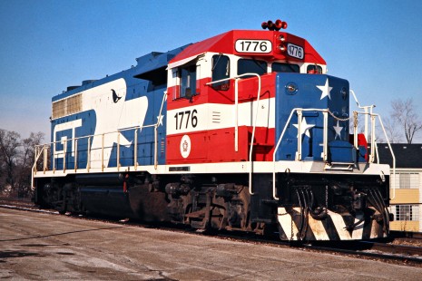 Grand Trunk Western Railroad bicentennial locomotive no. 1776 in Royal Oak, Michigan, on December 11, 1976. Photograph by John F. Bjorklund, © 2016, Center for Railroad Photography and Art. Bjorklund-58-18-26