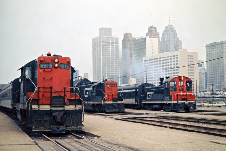 Grand Trunk Western Railroad commuter passenger trains at Brush Street Station in Detroit, Michigan, on April 20, 1973. Photograph by John F. Bjorklund, © 2016, Center for Railroad Photography and Art. Bjorklund-58-14-10