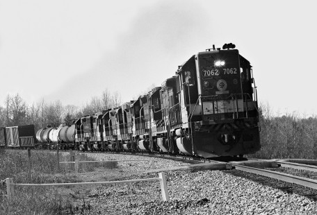 Northbound Southern Railway freight train leaves Meridian, Mississippi, led by GP50 and six older four-axle units in December 1980. Photograph by J. Parker Lamb, © 2016, Center for Railroad Photography and Art. Lamb-01-114-02