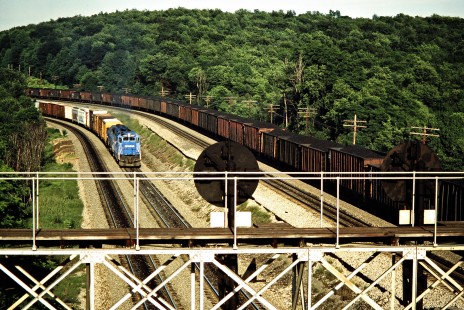 Helper locomotives shoving an eastbound Conrail freight train near Gallitzin, Pennsylvania, on June 21, 1986. Photograph by John F. Bjorklund, © 2015, Center for Railroad Photography and Art. Bjorklund-30-03-19