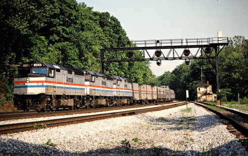Eastbound Amtrak <i>Capitol Limited</i> passenger train on CSX Transportation track at Miller Tower in Cherry Run, West Virginia, on May 22, 1993. Photograph by John F. Bjorklund, © 2015, Center for Railroad Photography and Art. Bjorklund-45-04-10