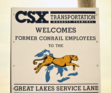 CSX Transportation sign in Garrett, Indiana, on September 8, 1999, three months after CSX and Norfolk Southern purchased Conrail. Photograph by John F. Bjorklund, © 2015, Center for Railroad Photography and Art. Bjorklund-45-19-04