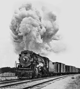 Heavy USRA Mikado no. 6624, a 2-8-2 steam locomotive, leads Birmingham-bound Southern Railway freight train through light snow covered landscape east of Meridian, Mississippi, in December 1950. (Locomotive is from Baldwin Locomotive Works, Richmond, 1926.) Photograph by J. Parker Lamb, © 2016, Center for Railroad Photography and Art. Lamb-01-101-04