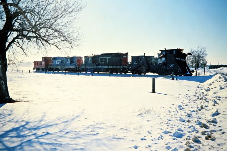 Westbound Grand Trunk Western Railroad plow in Elsie, Michigan, on February 11, 1979. Photograph by John F. Bjorklund, © 2016, Center for Railroad Photography and Art. Bjorklund-58-25-08