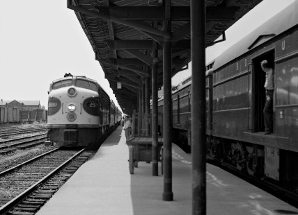 Northbound <i>Southerner</i> passenger train slides into station at Meridian, Mississippi, as local no. 44 waits for clearance to depart in July 1953. Photograph by J. Parker Lamb, © 2016, Center for Railroad Photography and Art. Lamb-01-105-03