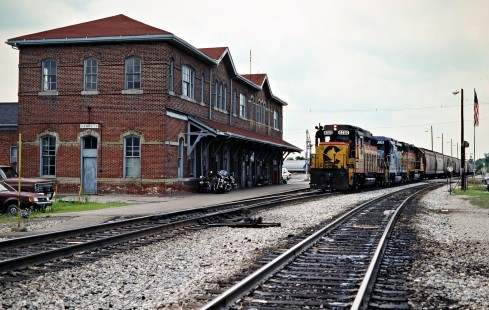 Eastbound CSX Transportation freight train at station in Garrett, Indiana, on July 11, 1992. Photograph by John F. Bjorklund, © 2015, Center for Railroad Photography and Art. Bjorklund-44-27-12
