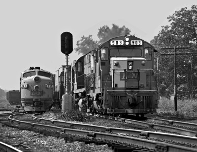 Louisville and Nashville Railroad Chattanooga-bound intermodal train passes local at Tullahoma, Tennessee, in August 1965. Photograph by J. Parker Lamb, © 2016, Center for Railroad Photography and Art. Lamb-01-144-11