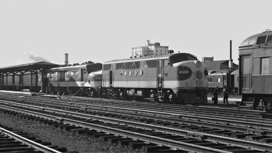 Alco DL-109 unit, leading Southern Railway passenger train no. 44, the <i>Queen & Crescent</i>, suffered a malfunction and a relief unit was needed at Meridian, Mississippi, on September 16, 1952. Veteran FT no, 4126 was coupled for the run to Birmingham, Alabama, but mechanics found incompatibilities in control systems. Thus, another unit was brought from shop. Photograph by J. Parker Lamb, © 2016, Center for Railroad Photography and Art. Lamb-01-104-04