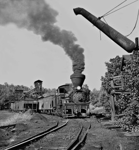 Long shot of tipple at Kellerman, Alabama, showing cuts of Twin Seams Mining Company cars being loaded in September 1960. Sanding platform at right. (Note: locomotive number is inverted.) Photograph by J. Parker Lamb, © 2016, Center for Railroad Photography and Art. Lamb-02-036-05