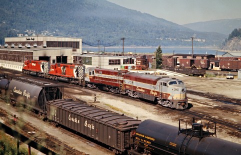Canadian Pacific Railway engine terminal at Nelson, British Columbia, with Fairbanks-Morse "C-Liner" locomotive no. 4104 on July 14, 1973. Photograph by John F. Bjorklund, © 2015, Center for Railroad Photography and Art. Bjorklund-36-20-02