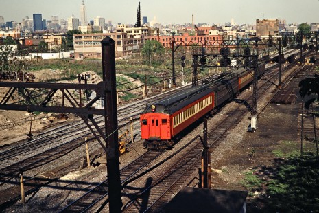 Westbound Conrail (ex-Erie Lackawanna) commuter passenger train in Hoboken, New Jersey, on May 8, 1981. Photograph by John F. Bjorklund, © 2015, Center for Railroad Photography and Art. Bjorklund-57-18-14