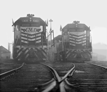 Pair of EMD GP35 locomotives peek through fog that surrounds ready track on fall day in Meridian, Mississippi, in 1965. Photograph by J. Parker Lamb, © 2016, Center for Railroad Photography and Art. Lamb-01-125-03