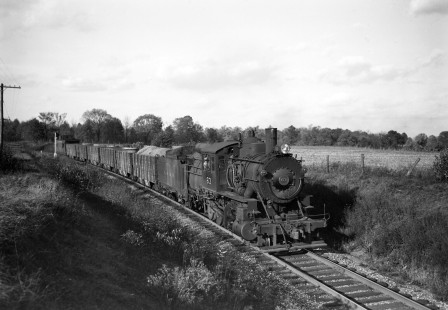 Westbound Lehigh and Hudson River Valley Railway 2-8-0 steam locomotive no. 63 leads a work train with 6 cars near Burnside, New York, on October 19, 1946. Photograph by Donald W. Furler. Furler-01-022-01; © 2017, Center for Railroad Photography and Art