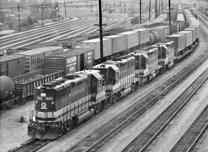 A quartette of Southern Railway GP50 locomotives head eastward from Inman's departure yard in Atlanta, Georgia, on August 8, 1981. Photograph by J. Parker Lamb, © 2016, Center for Railroad Photography and Art. Lamb-01-118-01
