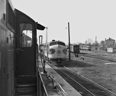 View from locomotive ready track of yard at Meridian, Mississippi, shows northbound streamliner <i>Southerner</i> and Birmingham train waiting beside large yard office in October 1953. Photograph by J. Parker Lamb, © 2016, Center for Railroad Photography and Art. Lamb-01-105-06