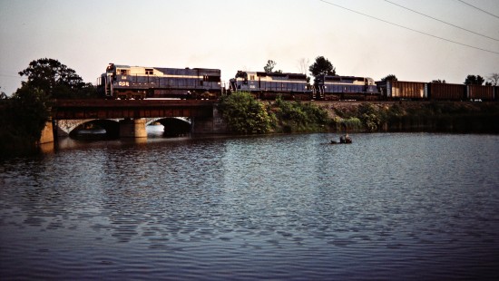 Northbound/southbound Detroit Edison coal train on Conrail at LaSalle, Michigan, from the westernmost bridge on June 26, 1983. Photograph by John F. Bjorklund, © 2015, Center for Railroad Photography and Art. Bjorklund-29-07-09
