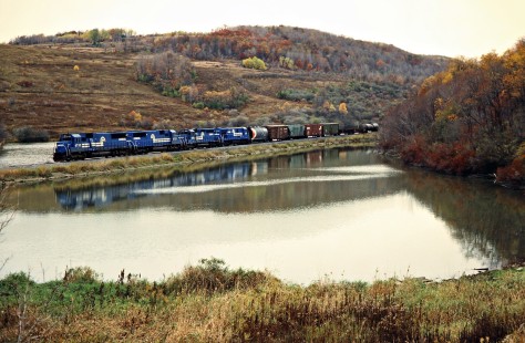 Westbound Conrail freight train near Andover, New York, on October 20, 1985. Photograph by John F. Bjorklund, © 2015, Center for Railroad Photography and Art. Bjorklund-29-25-07