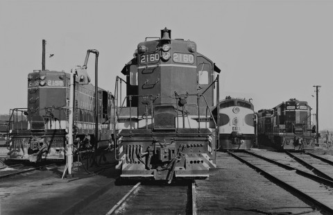 GP-series locomotives from the Southern and Illinois Central dominate the locomotive servicing area in yard at Meridian, Mississippi, on a sunny morning in August 1954. Photograph by J. Parker Lamb, © 2016, Center for Railroad Photography and Art. Lamb-01-106-01