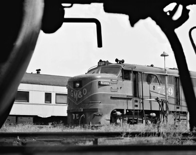 Gulf, Mobile and Ohio Railroad FA locomotive on ready track at shop area in Meridian, Mississippi, in August 1958. Photograph by J. Parker Lamb, © 2016, Center for Railroad Photography and Art. Lamb-01-124-08