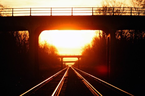 Sunset along the Contrail main line in Sidney, Ohio, on March 21, 1987. Photograph by John F. Bjorklund, © 2015, Center for Railroad Photography and Art. Bjorklund-30-12-17
