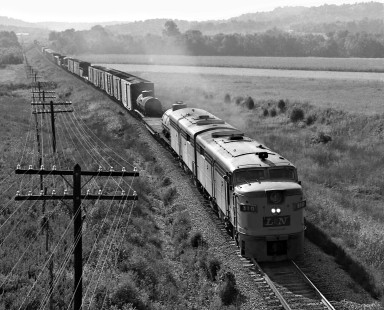 Nashville-bound Louisville and Nashville Railroad freight train, powered by Alco FA cab units, near Wartrace, Tennessee, in July 1966. Photograph by J. Parker Lamb, © 2016, Center for Railroad Photography and Art. Lamb-01-146-05
