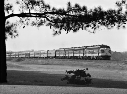 Northbound Southern Railway <i>Southern Crescent</i> passenger train approaching outskirts of Meridian, Mississippi, in July 1974. Southern was one of just a few U.S. railroads that did not join Amtrak in 1971. Photograph by J. Parker Lamb, © 2016, Center for Railroad Photography and Art. Lamb-01-112-06