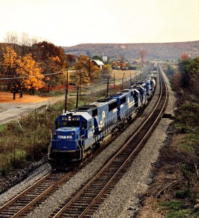 Westbound Conrail freight train near Addison, New York, on October 20, 1985. Photograph by John F. Bjorklund, © 2015, Center for Railroad Photography and Art. Bjorklund-29-25-17