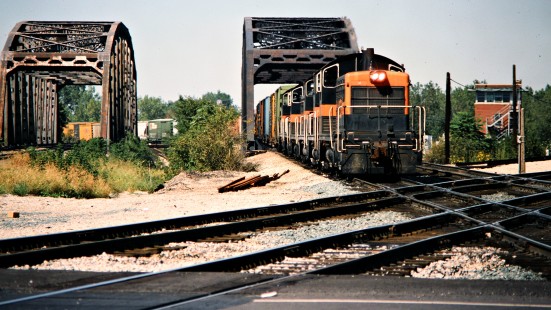 Eastbound Indiana Harbor Belt freight train crossing the Calumet River and the Grand Trunk Western in Blue Island, Illinois, on September 24, 1988. Photograph by John F. Bjorklund, © 2015, Center for Railroad Photography and Art. Bjorklund-30-26-16