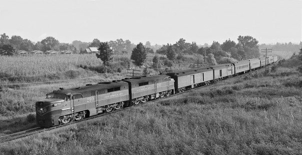 Southbound Gulf, Mobile and Ohio Railroad <i>Gulf Coast Rebel</i> approaches Meridian, Mississippi, after overnight run from St. Louis, Missouri, in August 1954. Photograph by J. Parker Lamb, © 2016, Center for Railroad Photography and Art. Lamb-01-134-05