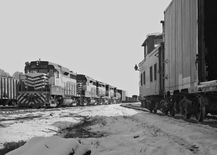Gulf, Mobile and Ohio Railroad Union Turn pulls into a snow covered yard at Union, Mississippi, in March 1963. Photograph by J. Parker Lamb, © 2016, Center for Railroad Photography and Art. Lamb-01-129-10