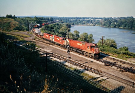 Eastbound Canadian Pacific Railway freight train on Canadian National Railway track at Hamilton, Ontario, on August 16, 1975. Photograph by John F. Bjorklund, © 2015, Center for Railroad Photography and Art. Bjorklund-37-01-12
