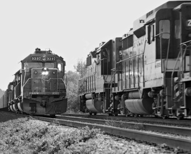 Birmingham-bound train, led by Southern Pacific Railroad units passes southbound train at the siding in Pachuta, Mississippi (forty miles south of Meridian), in May 1975. Photograph by J. Parker Lamb, © 2016, Center for Railroad Photography and Art. Lamb-01-113-04