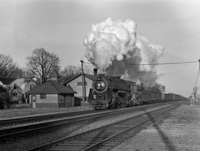 Grand Trunk Western Railroad steam locomotive no. 6323 at the Bancroft Depot in Bancroft, Michigan, circa 1945. Photograph by Robert Hadley, Hadley-01-001-01.tif;  © 2016, Center for Railroad Photography and Art