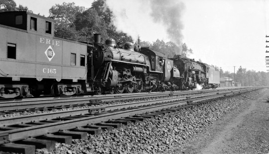 Erie Railroad steam locomotives and caboose at Waldwick, New Jersey, in 1951. Photograph by Robert A. Hadley, © 2017, Center for Railroad Photography and Art. Hadley-04-065-01