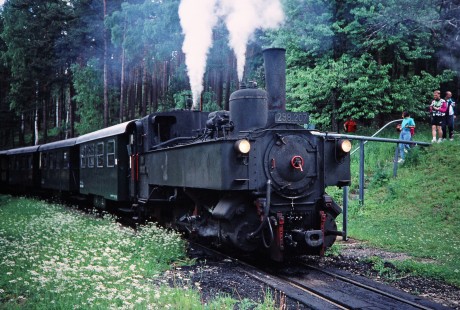 Waldviertler Narrow-Gauge Railway Club steam locomotive no. 298.207 next to a small group of photographers in Weitra, Lower Austria, Austria, on May 31, 1993. Photograph by Fred M. Springer, © 2014, Center for Railroad Photography and Art. Springer-Austria-17-31